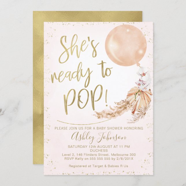 Pink Gold Boho Balloon Ready To Pop Baby Shower  Invitation (Front/Back)