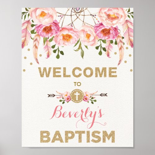 Pink Gold Boho Dreamcatcher Floral Baptism Welcome Poster