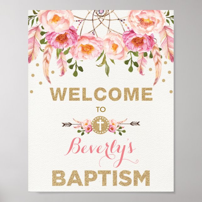 Pink Gold Boho Dreamcatcher Floral Baptism Welcome Poster (Front)