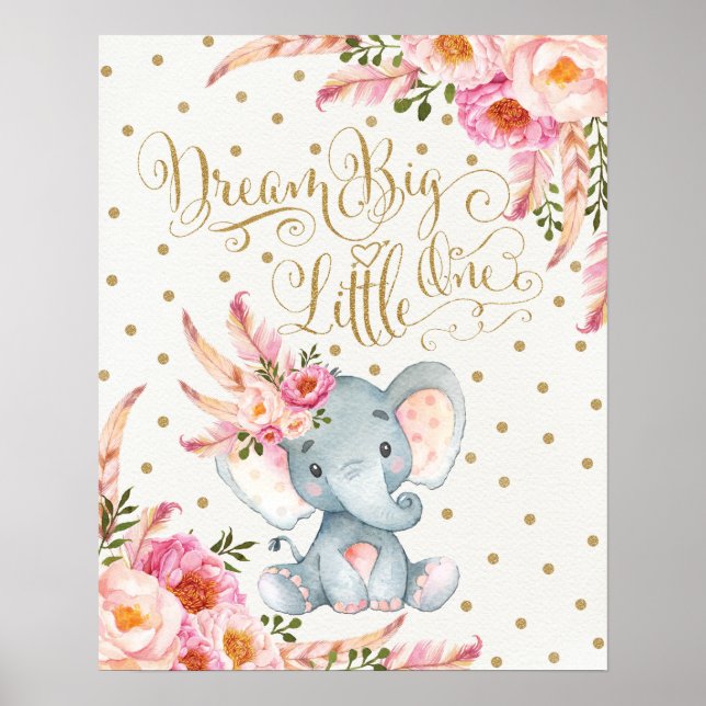 Pink Gold Boho Elephant Nursery Wall Art Print (Front)
