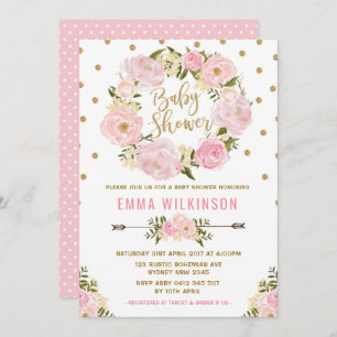Pink & Gold Boho Floral Baby Shower Invitation