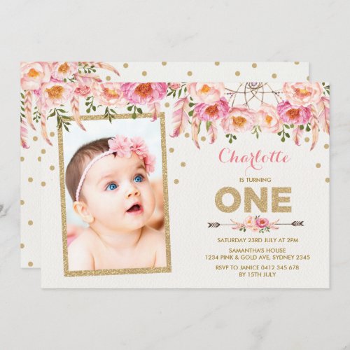 Pink Gold Boho Floral First 1st Birthday Invite