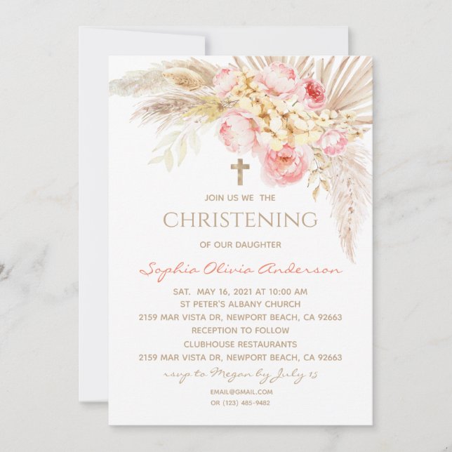 Pink Gold Boho Girl Baptism Christening Invitation (Front)