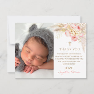 Pink Gold Boho Girl Christening Thank you Card