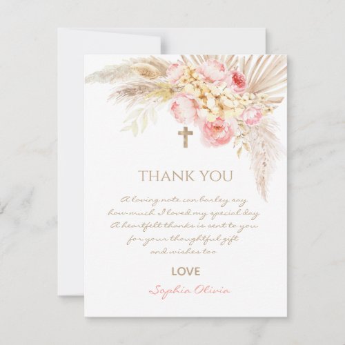 Pink Gold Boho Girl Christening Thank you Card