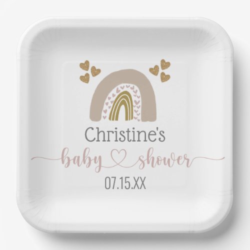 Pink Gold Boho Rainbow Baby Girl Shower Square Paper Plates