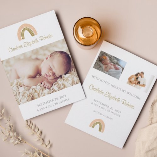 Pink Gold Boho Rainbow Birth Announcement Card