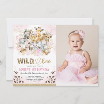 Pink Gold Boho Safari Wild One Photo Birthday Girl Invitation | Zazzle