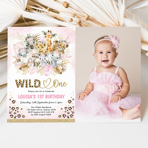 Pink Gold Boho Safari Wild One Photo Birthday Girl