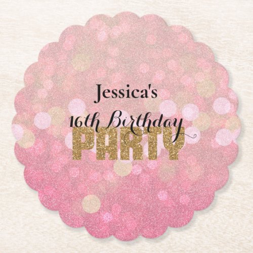 Pink Gold Bokeh Glitter Birthday Paper Coaster