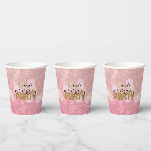 Pink Gold Bokeh Glitter Birthday Paper Cups