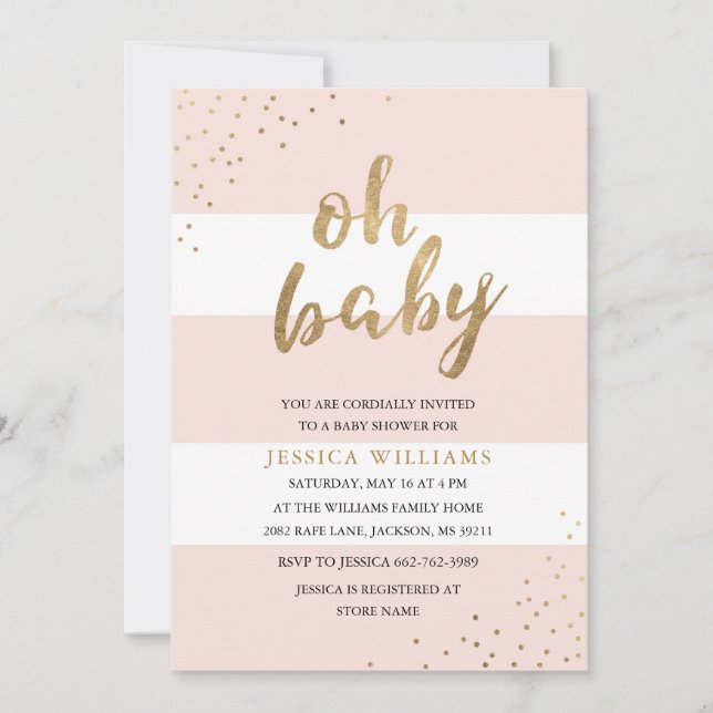 Pink & Gold Bold Stripes Oh Baby Shower Invitation (Front)
