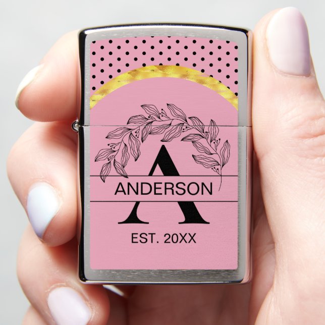 Pink Gold Botanical Monogram Personalized  Zippo Lighter (In Hand)