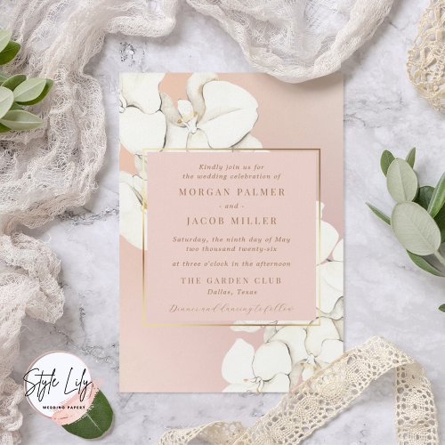 Pink Gold Botanical Orchid Floral Wedding Invitation