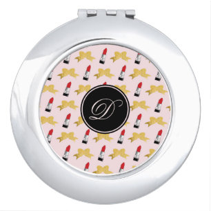 Pink Gold Bow Red Lipstick Monogram Girly Compact Mirror