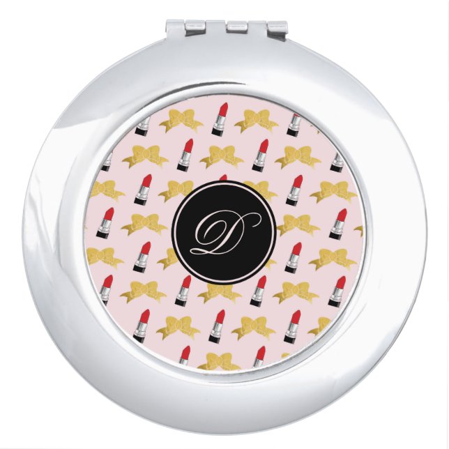 Pink Gold Bow Red Lipstick Monogram Girly Compact Mirror (Front)