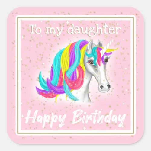 Pink Gold Bright Beautiful Unicorn Happy Birthday Square Sticker