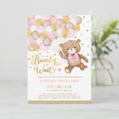 Pink Gold Brown Teddy Bear Girl Baby Shower Invitation (Standing Front)