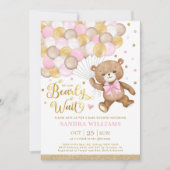 Pink Gold Brown Teddy Bear Girl Baby Shower Invitation (Front)