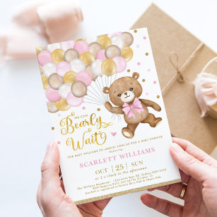 Pink Gold Brown Teddy Bear Girl Baby Shower Invitation