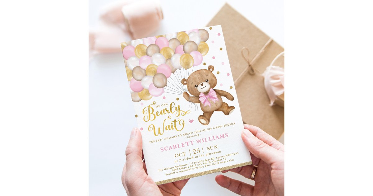 Pink Gold Brown Teddy Bear Girl Baby Shower Invitation | Zazzle