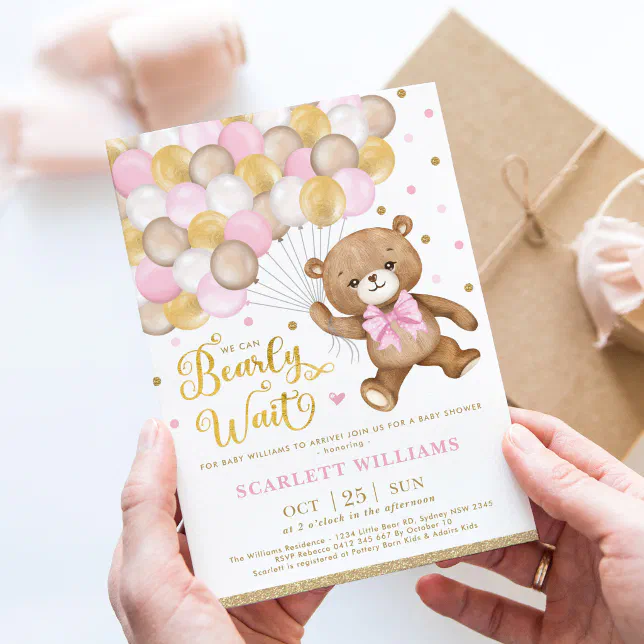 Pink Gold Brown Teddy Bear Girl Baby Shower Invitation | Zazzle