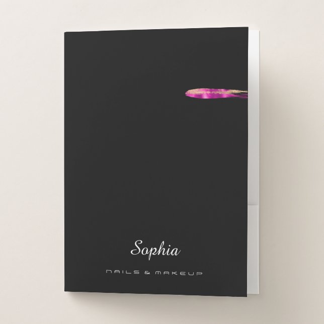 Pink & Gold Brush Stroke, Name Work Black Pocket Folder (Front)