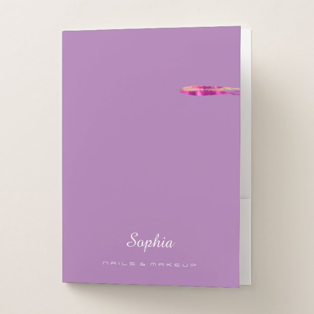 Pink & Gold Brush Stroke, Name Work Laverder Pocket Folder (Front)