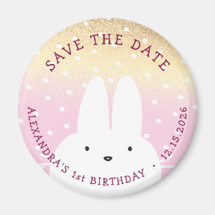 Pink Gold Bunny 1st Birthday Save the Date Magnet