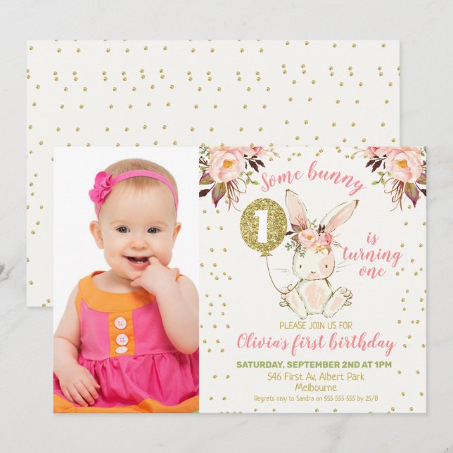 Pink Gold Bunny Photo 1st Birthday Invitation (Front/Back)