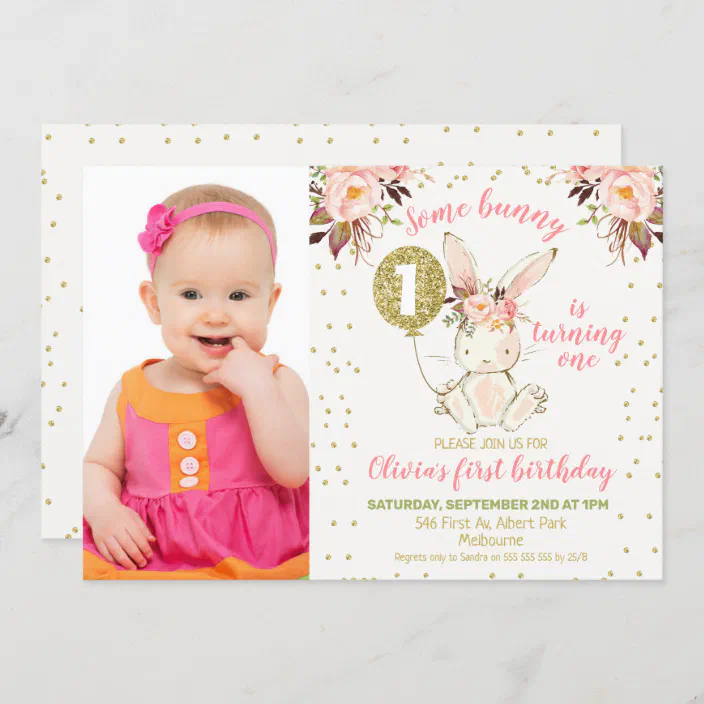 Printable Rabit Pink Balloon Birthday invitation Instant Download Some Bunny Editable Pink Gold Floral Bunny 1st Birthday Invite