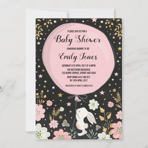 Pink Gold Bunny Rabbit Baby Shower Tea Chalkboard Invitation