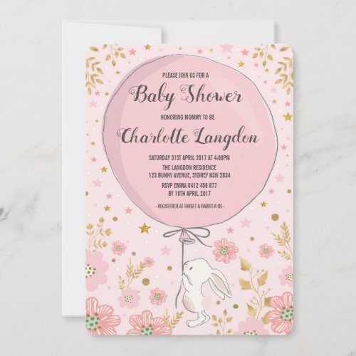 Pink Gold Bunny Rabbit Baby Shower Tea Party Invitation