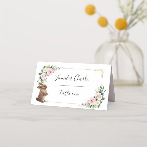 Pink  Gold Bunny Rabbit Floral Place Card
