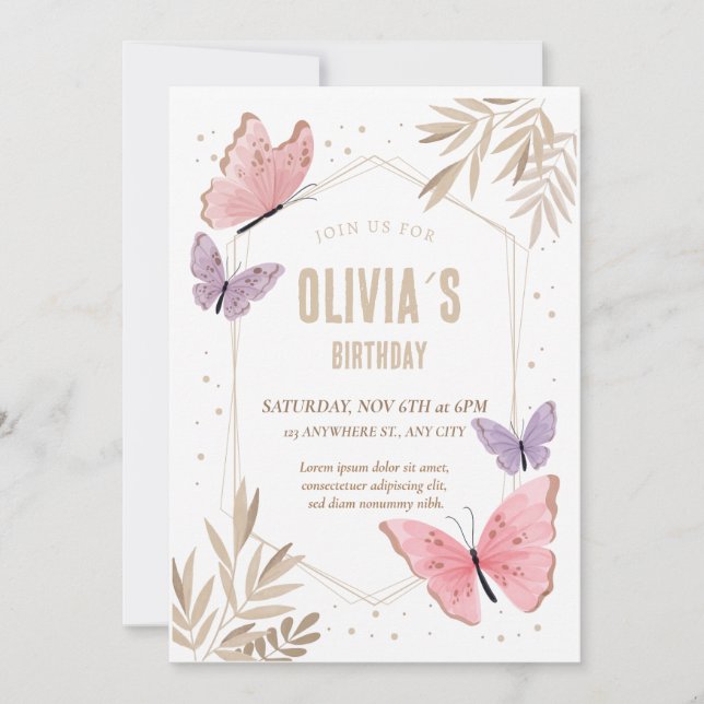 Pink, gold  Butterflies Cute Birthday Invitation (Front)