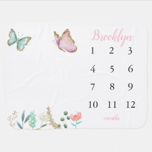 Pink Gold Butterfly Baby Girl Monthly Milestone Baby Blanket