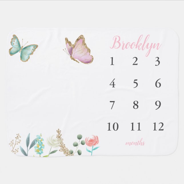Pink Gold Butterfly Baby Girl Monthly Milestone Baby Blanket (Horizontal)