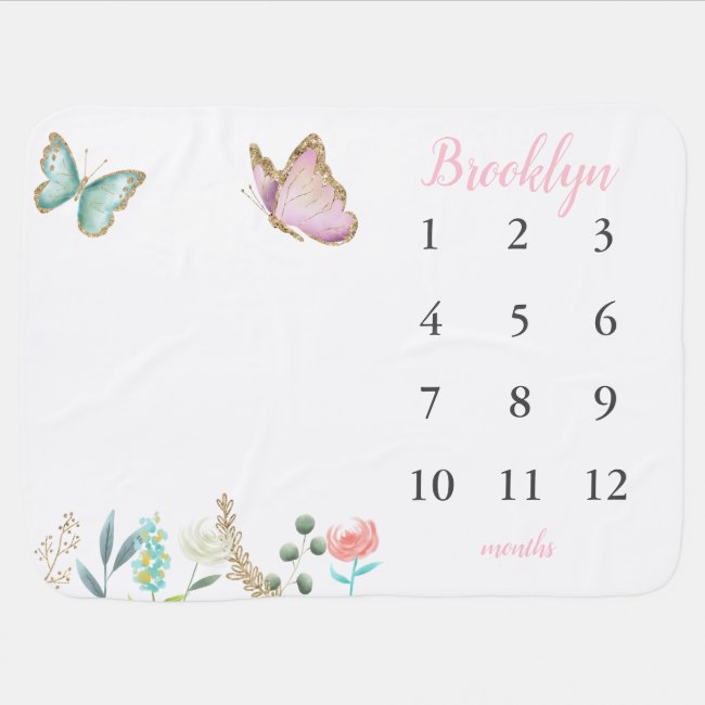 Pink Gold Butterfly Baby Girl Monthly Milestone Baby Blanket