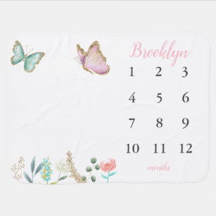 Pink Gold Butterfly Baby Girl Monthly Milestone Blanket