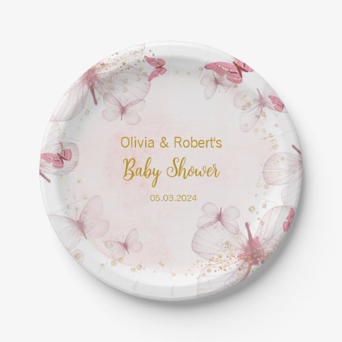 Pink Gold Butterfly Baby Shower  Paper Plates