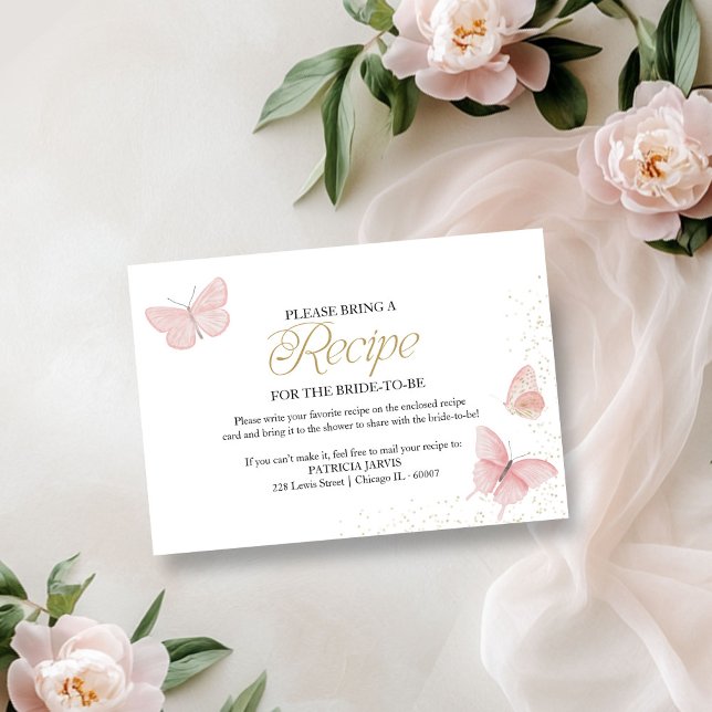 Pink Gold Butterfly Bridal Shower Recipe Request Invitation (Creator Uploaded)