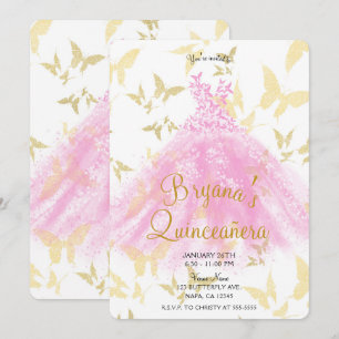 Pink & Gold Butterfly Dance Dress Quinceañera Invitation