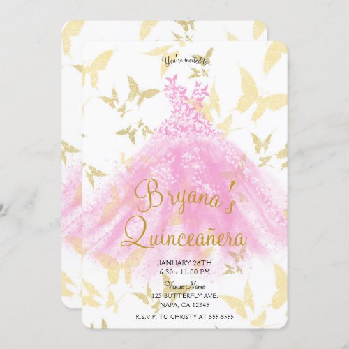 Pink  Gold Butterfly Dance Dress Quinceaera   Invitation