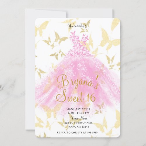 Pink  Gold Butterfly Dance Dress Sweet 16 Party Invitation