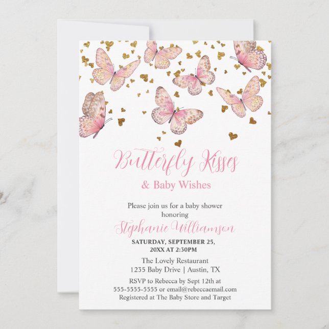 Pink & Gold Butterfly Kisses Baby Shower  Invitation (Front)
