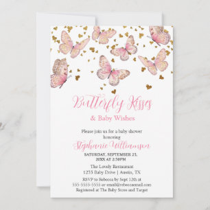Pink & Gold Butterfly Kisses Baby Shower Invitation
