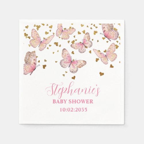 Pink  Gold Butterfly Kisses Baby Shower  Napkins