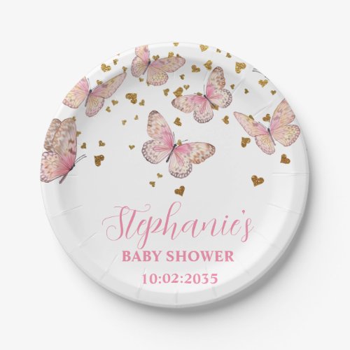 Pink  Gold Butterfly Kisses Baby Shower  Paper Plates