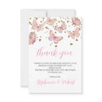 Pink & Gold Butterfly Kisses Baby Shower  Thank You Card