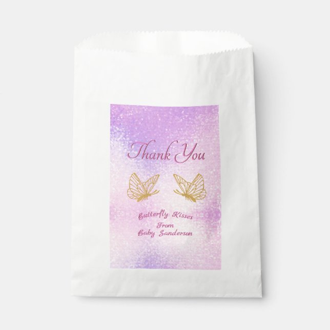Pink Gold Butterfly Kisses Thank You Baby Shower Favor Bag (Front)